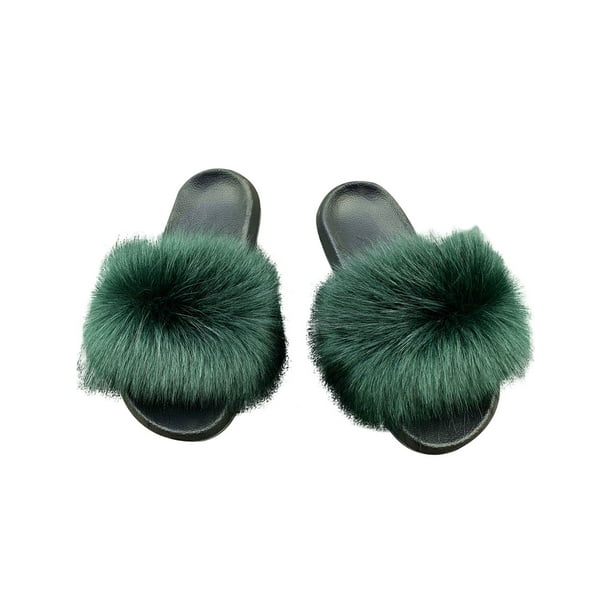 Fox Fur Slippers Slides Summer Flip Flops Fluffy Fur Sandals Flat Shoes,Colorful Fox Fur,7.5 